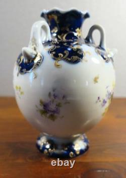 Antique Japanese Nippon Porcelain Tyg Three Handle Vase Floral Cobalt Gold
