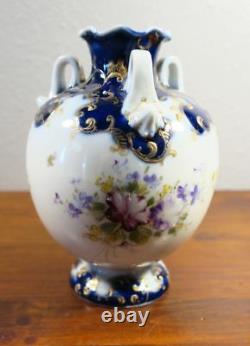 Antique Japanese Nippon Porcelain Tyg Three Handle Vase Floral Cobalt Gold