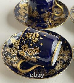 Antique Limoges Cobalt Blue Heavy Gold Demitasse Cup And Saucer Set 4 D&Co BDL