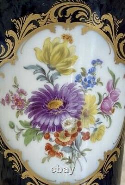 Antique MEISSEN Cobalt Blue Vase With Hand Painted Flowers and Gilded Trim