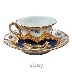 Antique Meissen Cobalt Blue 23 Karat Gold Floral Flowers Cup Saucer 1800s B Form