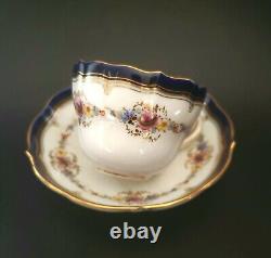 Antique Meissen Demitasse Tea Cup Saucer Flower Bouquet Cobalt Blue Gold Border