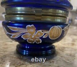 Antique Moser Bohemian Cobalt Blue Glass Dresser Box Enameled Gold Flowers