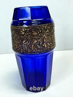 Antique Moser Cobalt Blue Gold Warrior Frieze 4.75 Tall Vase Signed