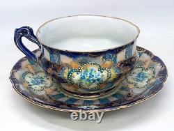 Antique Nippon Japan Hand Painted Pre-1891 Tea Cup & Saucer Cobalt Blue & Gold