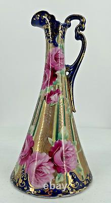Antique Oriental Cobalt Blue Gold Gilt Hand Painted Rose Moriage Ewer Vase