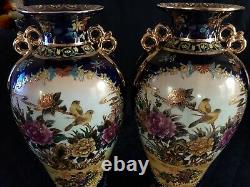 Antique Pair, 14 French Cobalt Blue & 24K Gold Gilt vase. Hand Painted Enamels