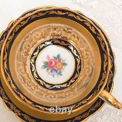 Antique Paragon Queen Mary Double Warrant Cobalt & Gold Floral Tea Cup & Saucer