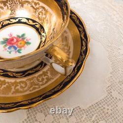 Antique Paragon Queen Mary Double Warrant Cobalt & Gold Floral Tea Cup & Saucer