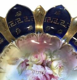 Antique R S Prussia Cobalt Blue Gold Greek Key Scalloped Edge Porcelain Bowl