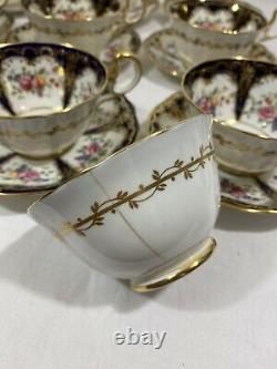 Antique Set of 9 Aynsley Cobalt Blue Band Gold Trim Rose Fruit Tea Cup&Saucer