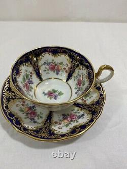 Antique Set of 9 Aynsley Cobalt Blue Band Gold Trim Rose Fruit Tea Cup&Saucer