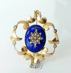 Antique Victorian 9ct Gold Seed Pearl & Cobalt Blue Enamel Floral Pendant 3.6g