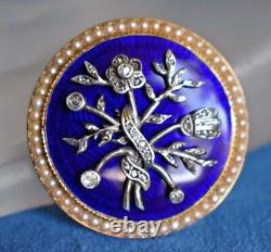 Antique Victorian Diamond Pearl Cobalt Blue Guilloche 14K Gold Enamel Brooch Pin