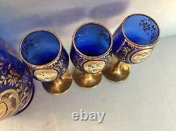 Antique Vintage Cobalt Blue Gold Hand Painted Liqueur Set Decanter 6 Cordials