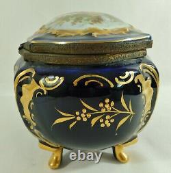 Antique/Vtg 8 PORTRAIT Cobalt Blue & Gold Porcelain Jewelry Casket Dresser Box