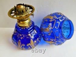 Antique miniature Fleur-de-lis glass oil lamp, cobalt & gold