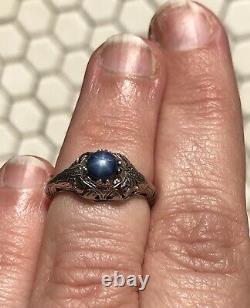 Antique tested natural dark cobalt Blue Star Sapphire 14k White Gold 1930s ring