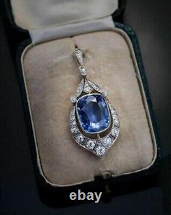 Art Deco 2.50Ct Cushion Simulated Blue Sapphire Pendant In 14k White Gold Plated