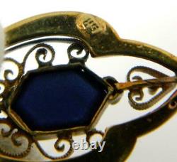 Art Nouveau 14K/ 585 Yellow Gold Cobalt Blue & White Enamel Blue Stone Pendant