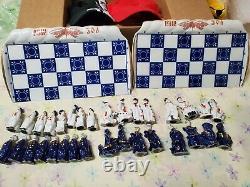 Authentic Vintage Russian Porcelain Hand Made Blue Cobalt Chess Set Gold Trim