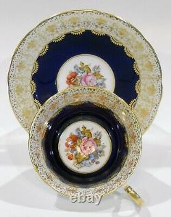 Aynsley BAILEY ROSE & POPPY CUP & SAUCER Cobalt Blue Colorway With Gold Filigree