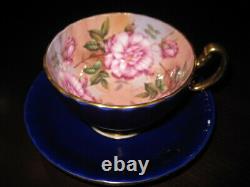 Aynsley Cabbage Roses Teacup & Saucer Pink Roses Cobalt Blue & Gold EXCELLENT