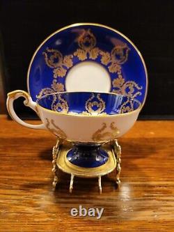 Aynsley Cobalt Blue tea cup saucer with fruit orchard with gold gilt