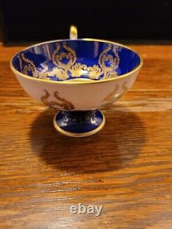 Aynsley Cobalt Blue tea cup saucer with fruit orchard with gold gilt
