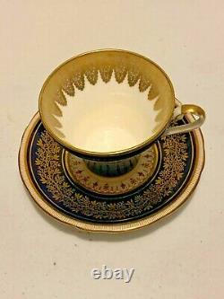 Aynsley, England Cobalt Blue & Filigree Gold Gilt Pattern Tea Cup & Saucer