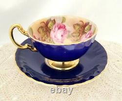 Aynsley, England, Cobalt Blue Teacup & Saucer, 4 Pink Cabbage Roses Inside, Gold