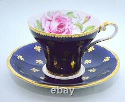 Aynsley England Corset Gold Decorated Pink Rose Cobalt Blue Cup and Saucer 1022