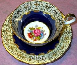 Aynsley J. A. Bailey Flowers EXQUISITE Hand Painted Cobalt Blue Gold Cup Saucer