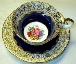Aynsley J. A. Bailey Flowers EXQUISITE Hand Painted Cobalt Blue Gold Cup Saucer
