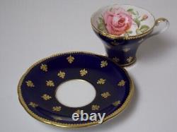Aynsley Tea Cup Saucer Vintage Cobalt Blue Pink Cabbage Rose Gold Fleur De Lis