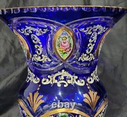 BOHEMIAN MOSER COBALT BLUE CUT To CLEAR VASE HAND PAINTED ROSES &GOLD STUNNING