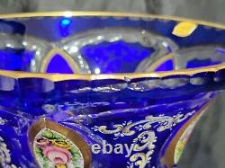 BOHEMIAN MOSER COBALT BLUE CUT To CLEAR VASE HAND PAINTED ROSES &GOLD STUNNING
