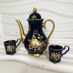 Bareuther Waldsassen Bavaria Germany Tea pot+2 Cups Cobalt blue 22- karat VTG