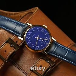 Blue vintage watch Pobeda 1980s, Mechanical ussr watch for men