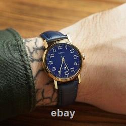 Blue vintage watch Pobeda 1980s, Mechanical ussr watch for men