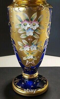 Bohemia Glass Cobalt Blue Gold Encrusted & Raised Enamel Flowers Vase Czech