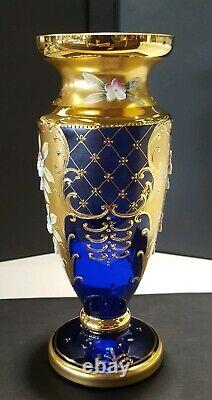 Bohemia Glass Cobalt Blue Gold Encrusted & Raised Enamel Flowers Vase Czech