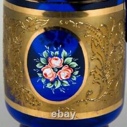 Bohemian Cobalt Blue Glass Pitcher & Tumbler Set Hand Painted Floral & Gold Trim