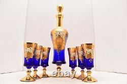 Bohemian Cobalt Blue Gold Glass Painted Decanter Set Cordial Shot Glasses Czech
