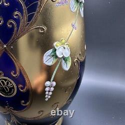 Bohemian Czech Cobalt Blue Gold Gilded Painted Enamel Flower Vase
