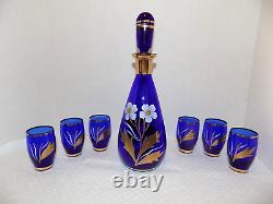 Bohemian Czech Glass Cobalt Blue Gold Gilt Decanter with 6 Glasses Set Vintage