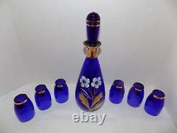 Bohemian Czech Glass Cobalt Blue Gold Gilt Decanter with 6 Glasses Set Vintage