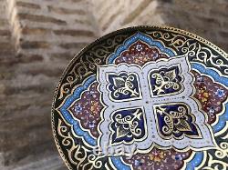 Brass Decorative Plate Handmade 16th C. Uzbek Style Floral, Cobalt, Blue, Gold