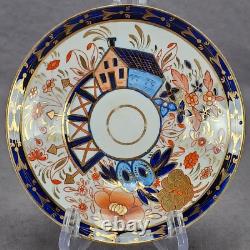 British Hand Painted Imari Style House & Floral Cobalt Red & Gold Saucer C. 1800