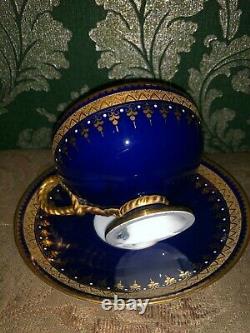 Brown Westhead & Moore Rope Handle Jewel Teacup Saucer Cobalt Blue And Gold 1860